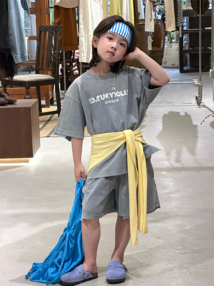 2026夏季新款韩版儿童洗褪做旧设计款休闲套装男女童造型感两件套