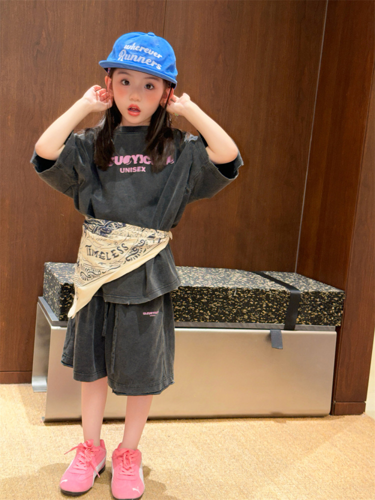 2026夏季新款韩版儿童洗褪做旧设计款休闲套装男女童造型感两件套