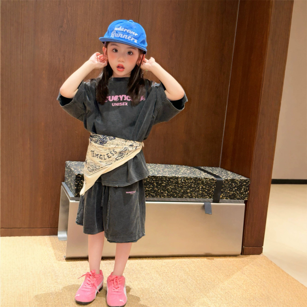 2026夏季新款韩版儿童洗褪做旧设计款休闲套装男女童造型感两件套