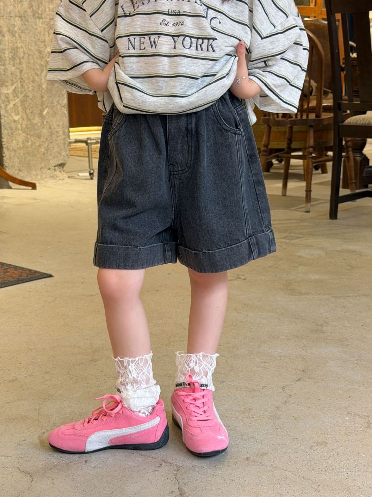 2026夏季新款韩版儿童卷边宽松牛仔短裤男女童A字版拼接休闲中裤
