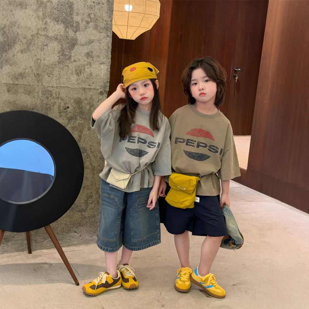 2026夏季新款韩版儿童字母印花短袖男女童做旧软糯舒适T恤洋气
