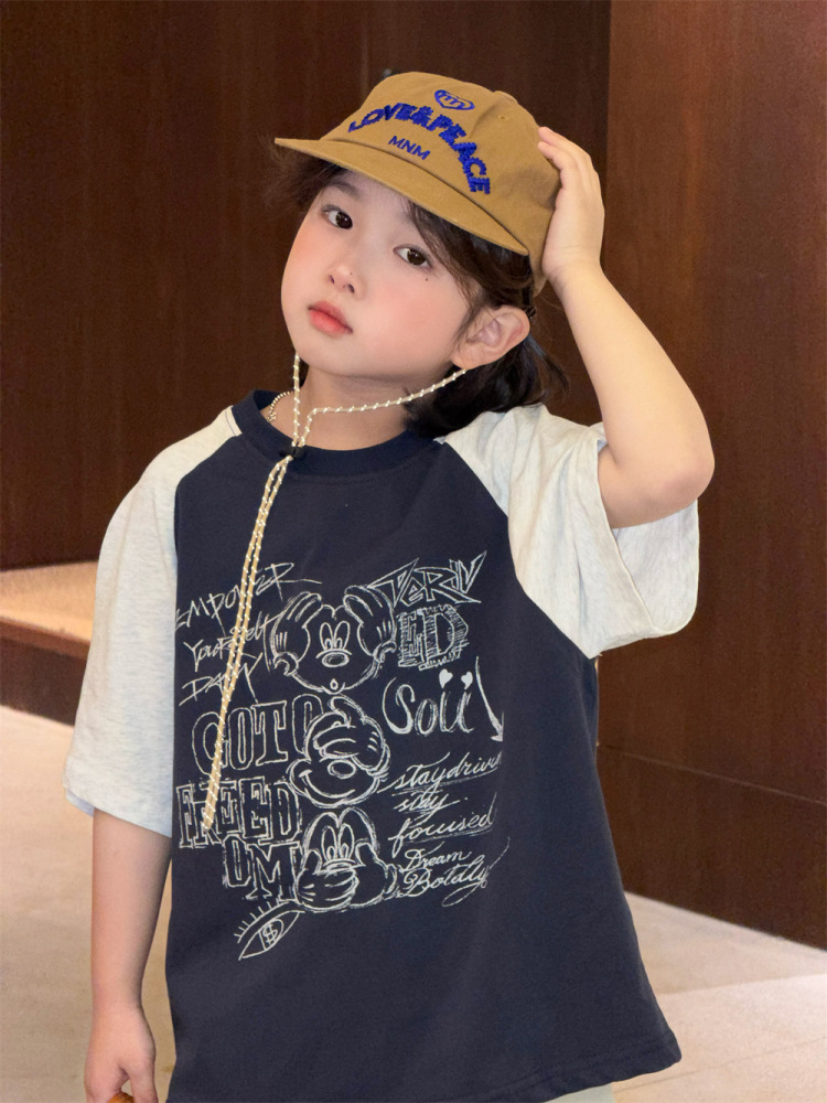 2026夏季新款韩版儿童撞色插肩卡通短袖男童休闲百搭日系T恤洋气