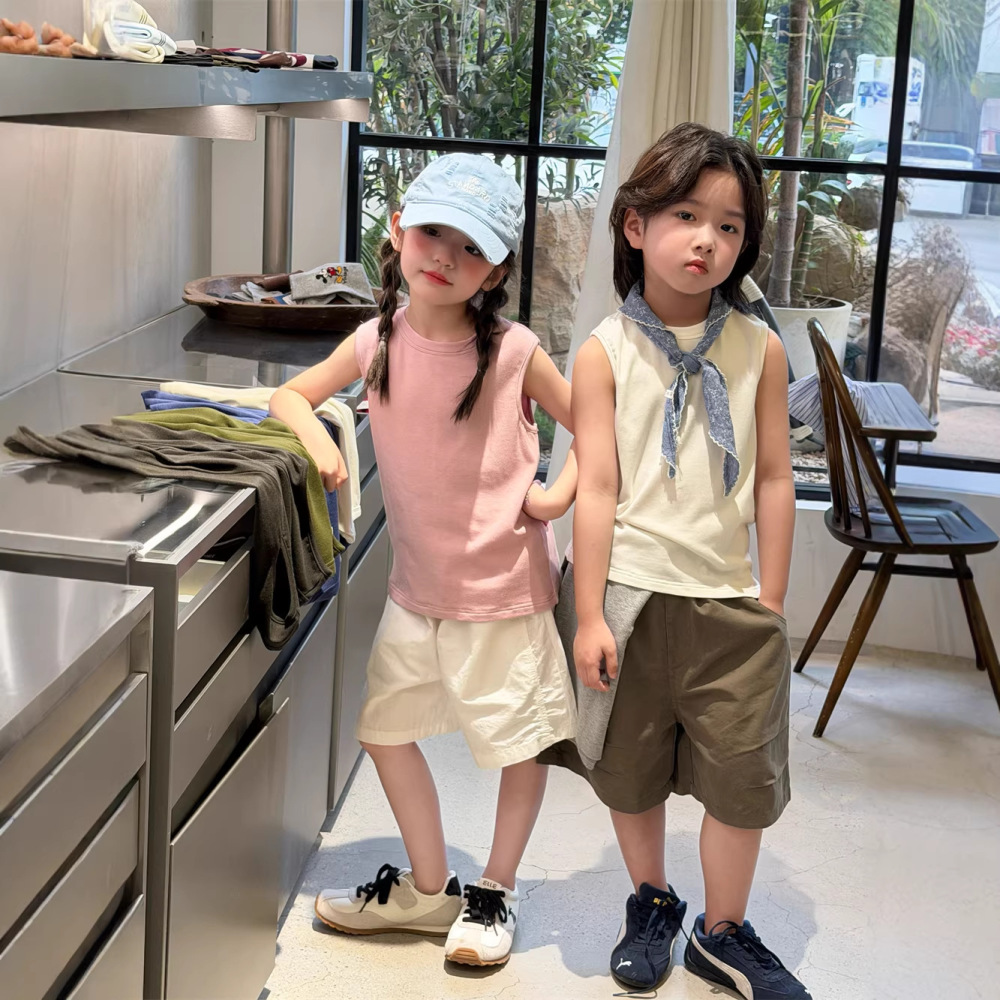 2026夏季新款韩版儿童纯色百搭背心男女童简约舒适弹力无袖T恤潮
