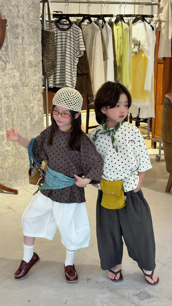 2026夏季新款韩国儿童波点满印短袖男童女童时尚圆领刺绣薄款T恤