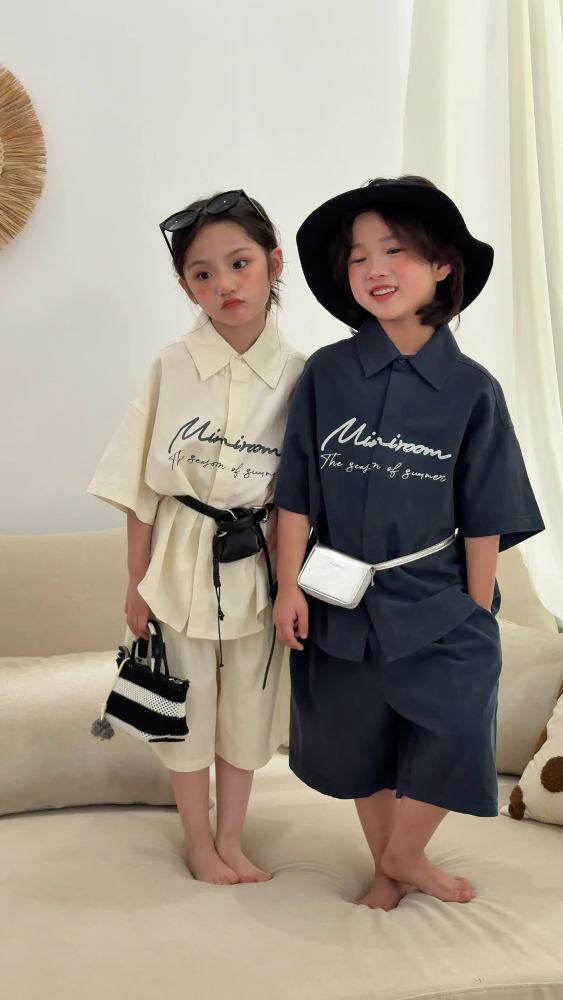 2026夏季新款韩版儿童设计师款字母印花衬衫套装男女童时尚两件套