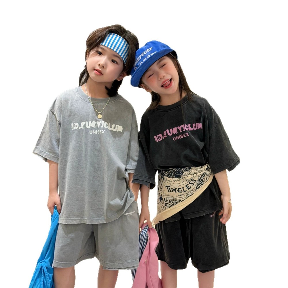 2026夏季新款韩版儿童洗褪做旧设计款休闲套装男女童造型感两件套