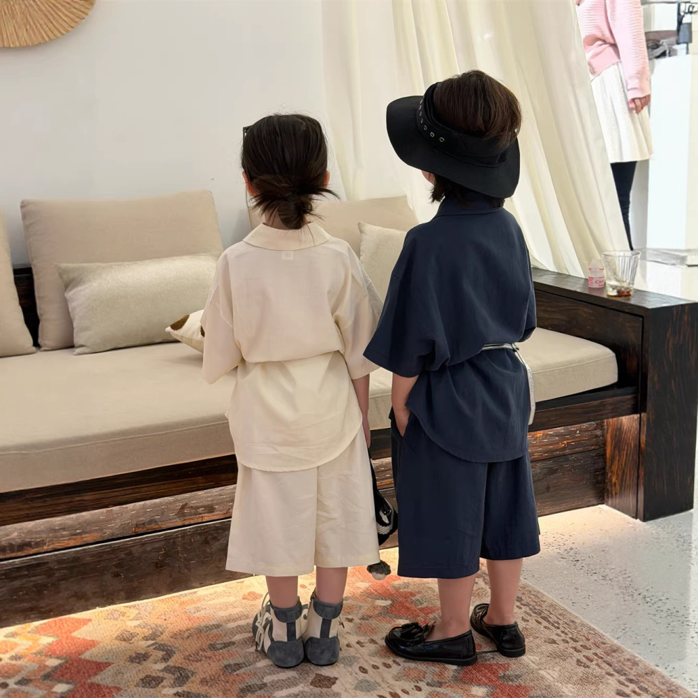 2026夏季新款韩版儿童设计师款字母印花衬衫套装男女童时尚两件套