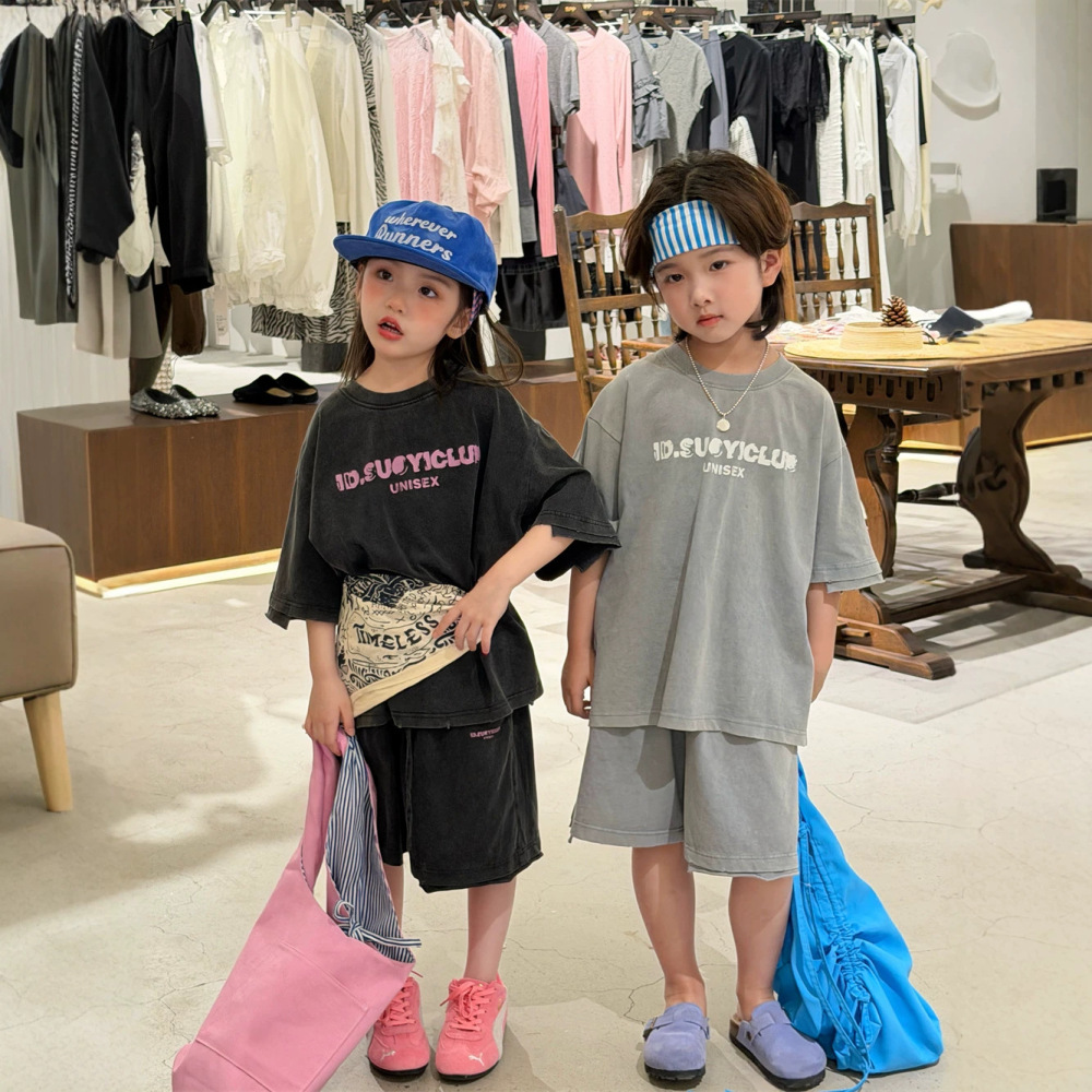 2026夏季新款韩版儿童洗褪做旧设计款休闲套装男女童造型感两件套