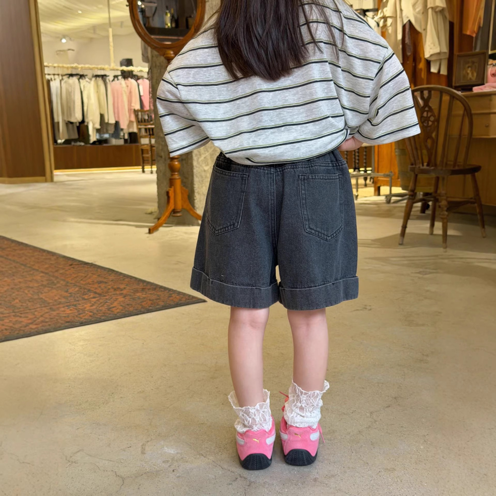 2026夏季新款韩版儿童卷边宽松牛仔短裤男女童A字版拼接休闲中裤