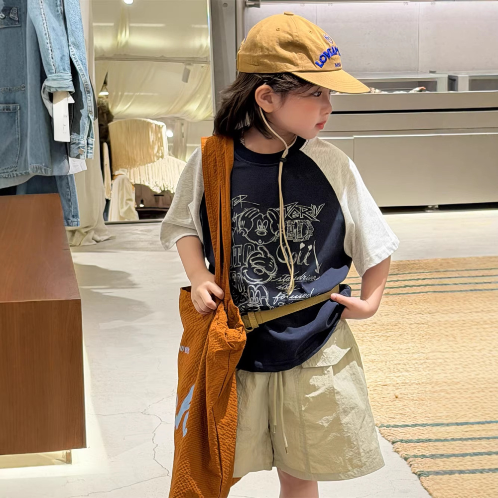 2026夏季新款韩版儿童撞色插肩卡通短袖男童休闲百搭日系T恤洋气