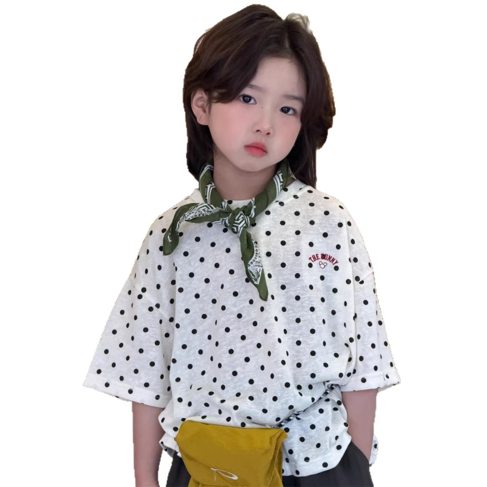 2026夏季新款韩国儿童波点满印短袖男童女童时尚圆领刺绣薄款T恤