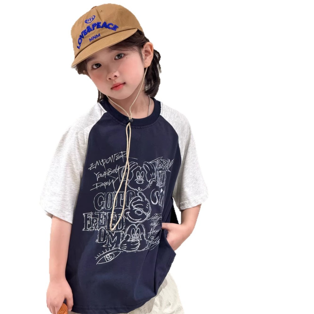 2026夏季新款韩版儿童撞色插肩卡通短袖男童休闲百搭日系T恤洋气
