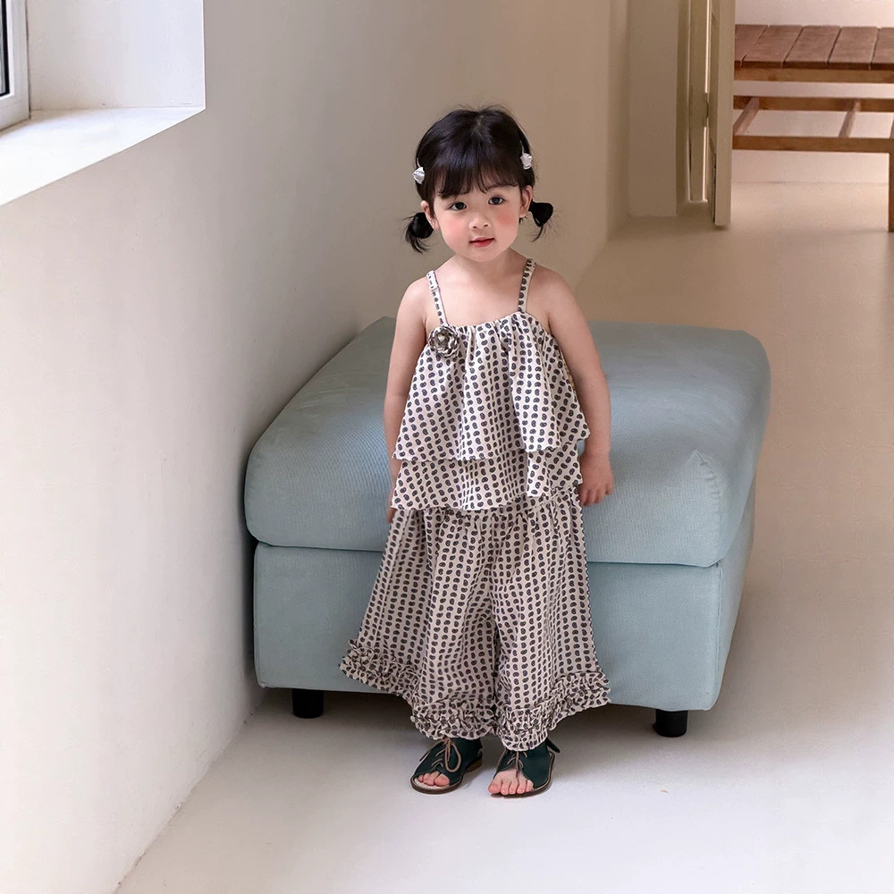 左小然童装2026夏季新款韩版女童凉感雪纺腰果花套装