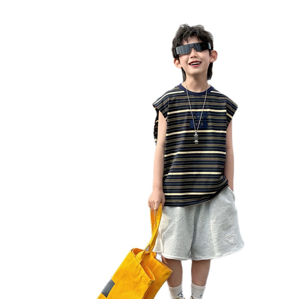 棉小铺男童夏季衣服儿童背心2026新款韩版个性条纹无袖童装t恤潮