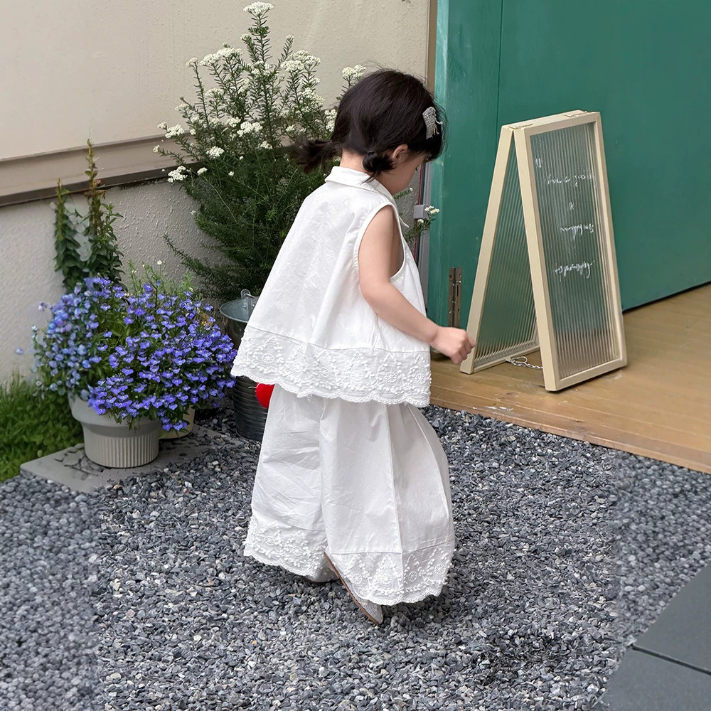 左小然童装2026夏季新款韩版女童白色花边套装儿童立体花朵