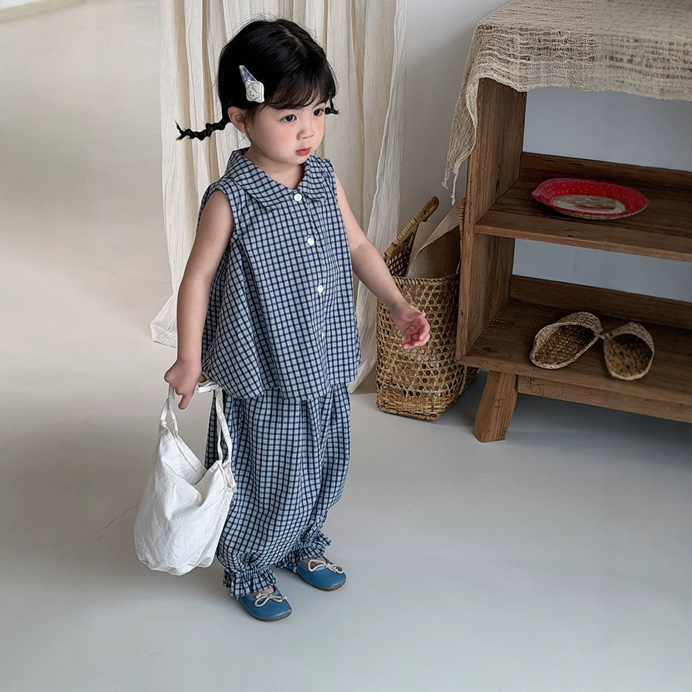 左小然童装2026夏季新款韩版女童花苞格子套装无袖娃娃衫两件套