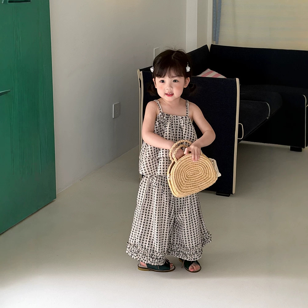 左小然童装2026夏季新款韩版女童凉感雪纺腰果花套装