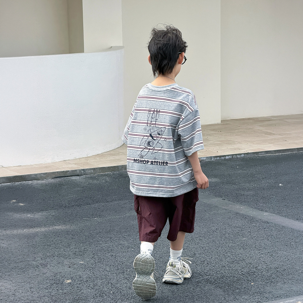 棉小铺男童夏季衣服儿童短袖t恤2026新款韩版透气条纹涂鸦童装潮