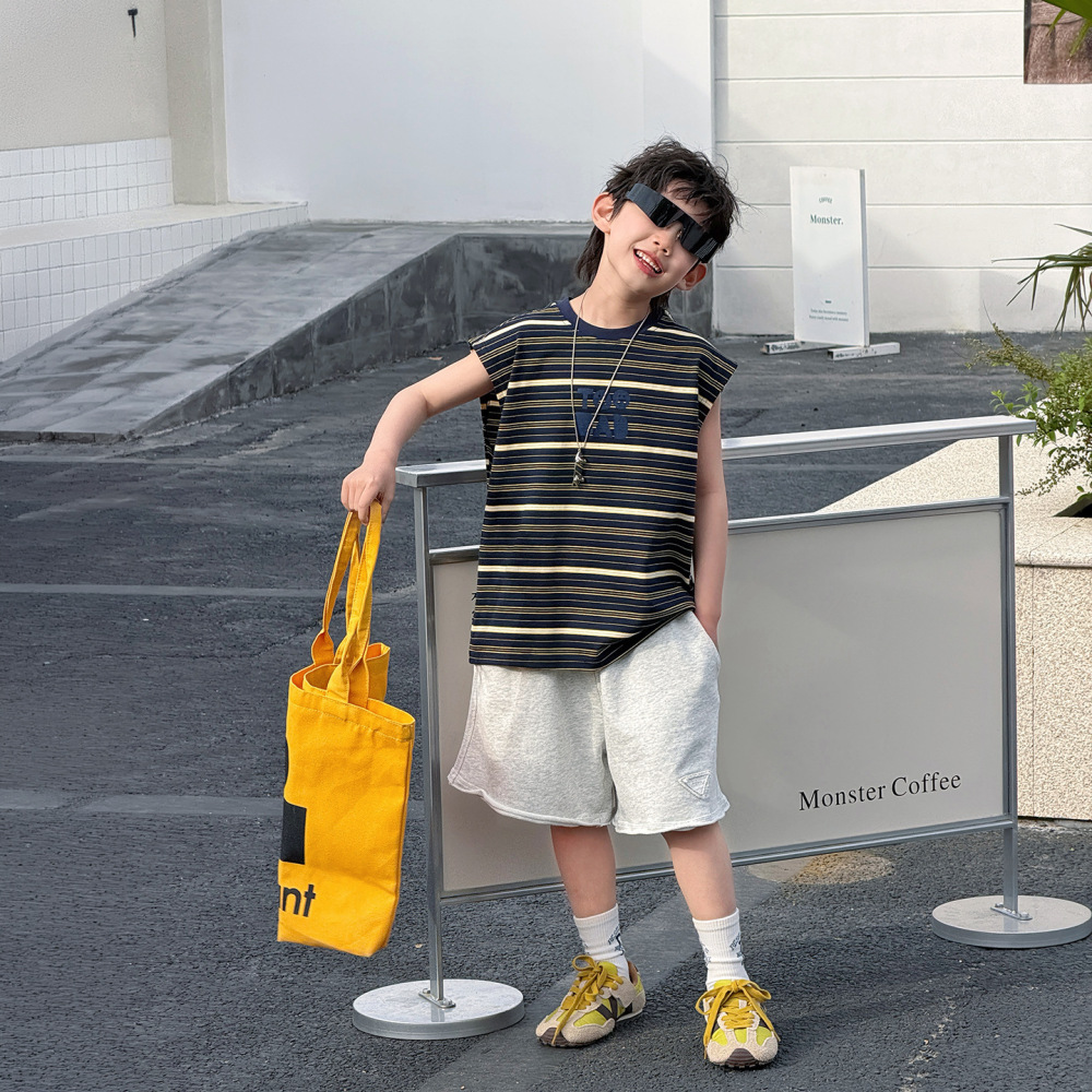 棉小铺男童夏季衣服儿童背心2026新款韩版个性条纹无袖童装t恤潮
