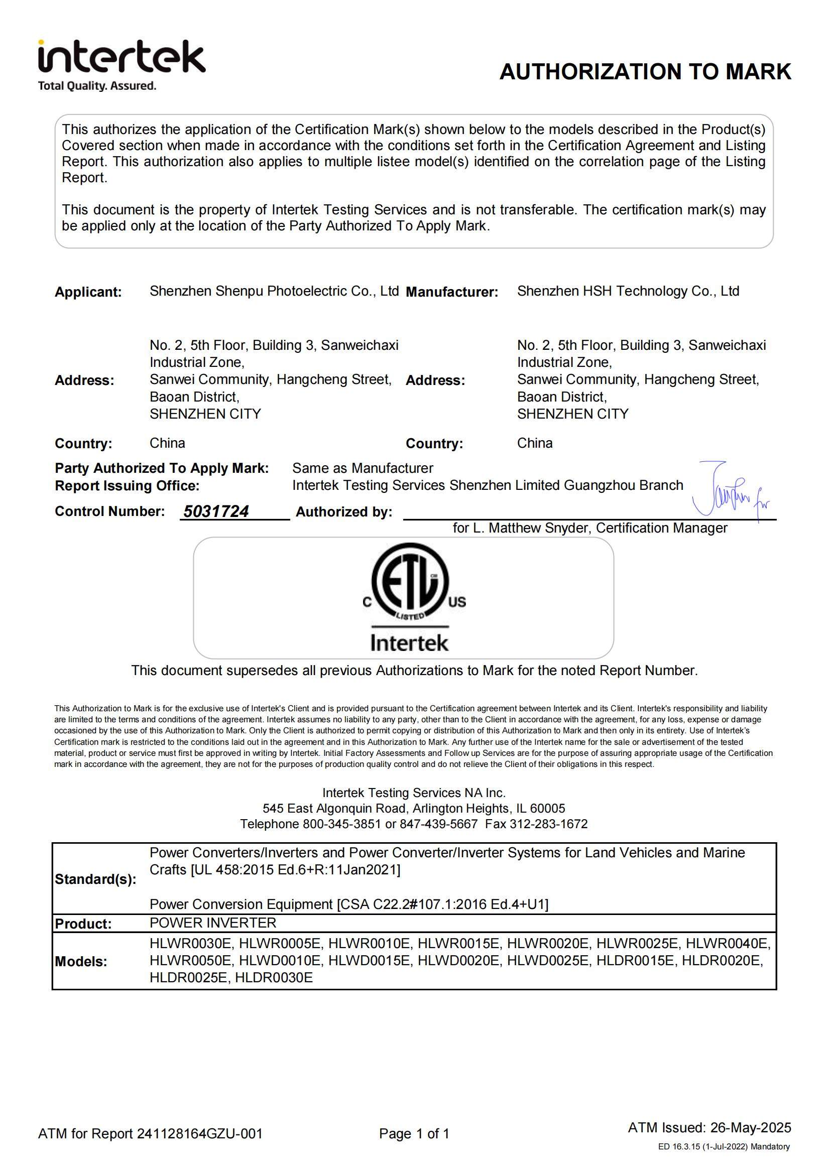 ETL Certification for North America