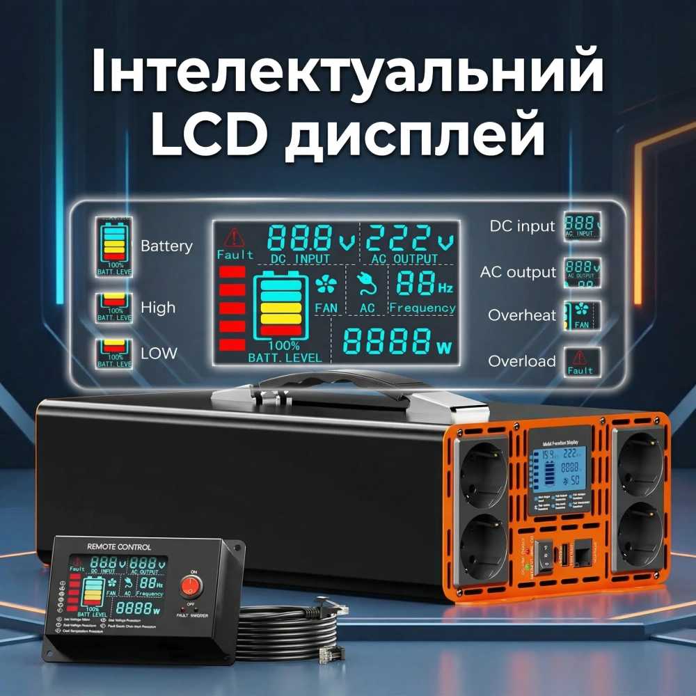 Інвертор HOULI 12V-220V Чиста Синусоїда (3000W-7000W) для Котла та Дому