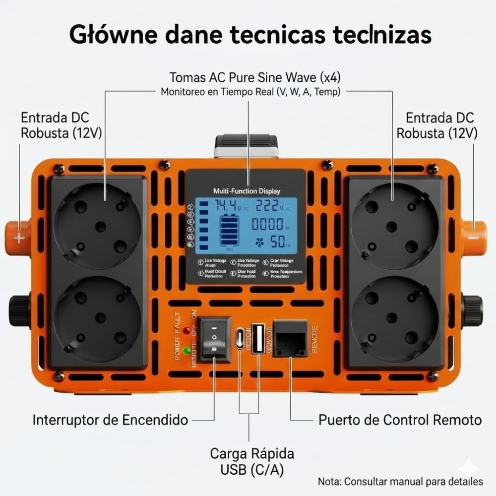 HOULI Przetwornica 12V 230V Czysty Sinus 3000W-7000W – 4 Gniazda AC + Pilot LCD