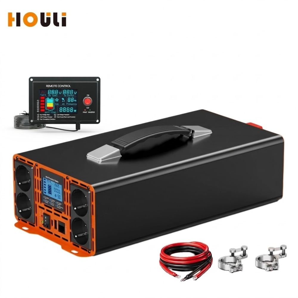 HOULI Przetwornica 12V 230V Czysty Sinus 3000W-7000W – 4 Gniazda AC + Pilot LCD