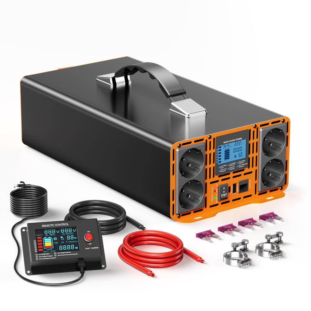 HOULI Przetwornica 12V 230V Czysty Sinus 3000W-7000W – 4 Gniazda AC + Pilot LCD