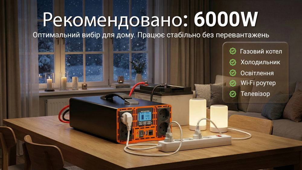 HOULI Інвертор напруги 12V/24V на 220V, чиста синусоїда 3000W–7000W для котла та системи опалення