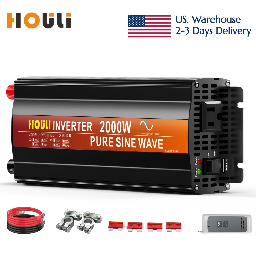 2000W-5000W Power Inverter, 12V/24V to 110V/120V DC to AC, with LCD display, remote control, 2 AC sockets and 1 x 3.1A USB car adapter.