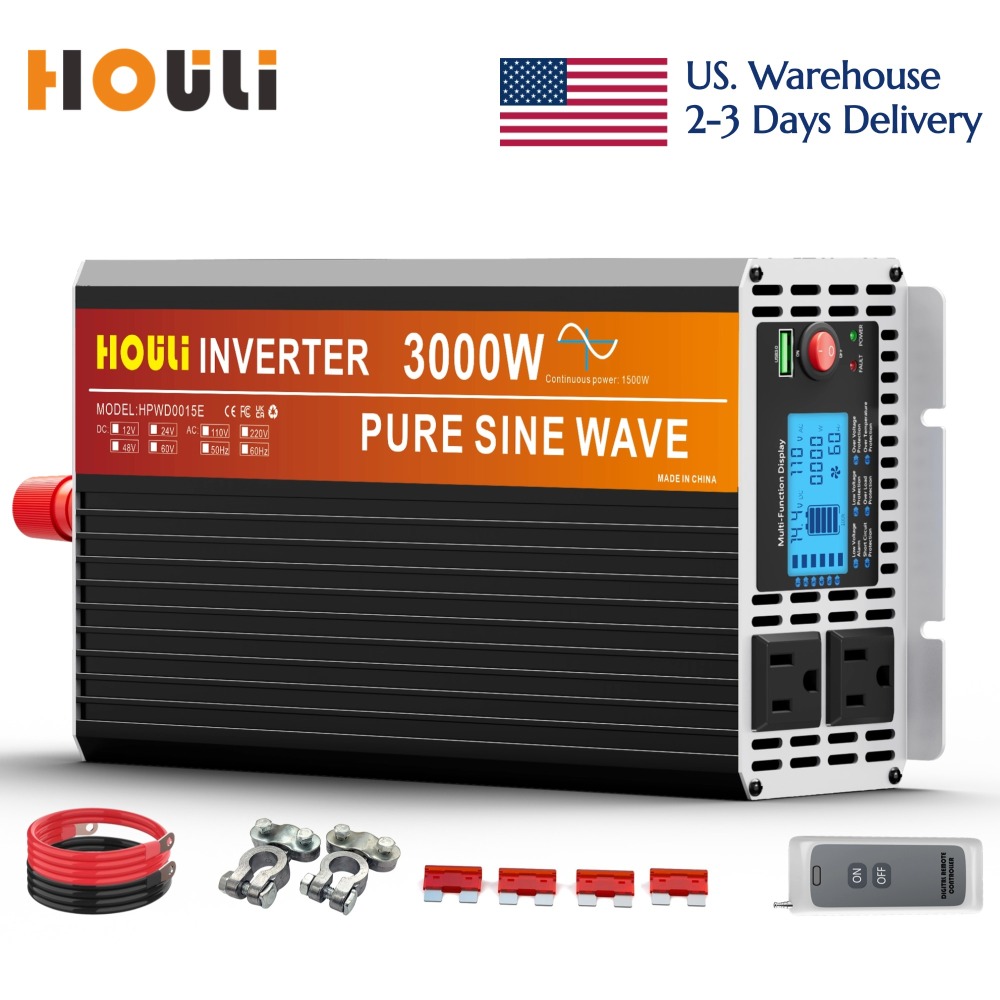 2000W-5000W Power Inverter, 12V/24V to 110V/120V DC to AC, with LCD display, remote control, 2 AC sockets and 1 x 3.1A USB car adapter.