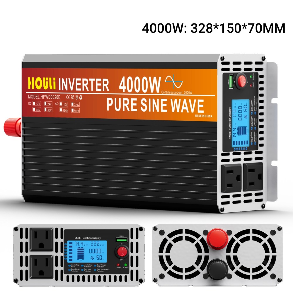 2000W-5000W Power Inverter, 12V/24V to 110V/120V DC to AC, with LCD display, remote control, 2 AC sockets and 1 x 3.1A USB car adapter.