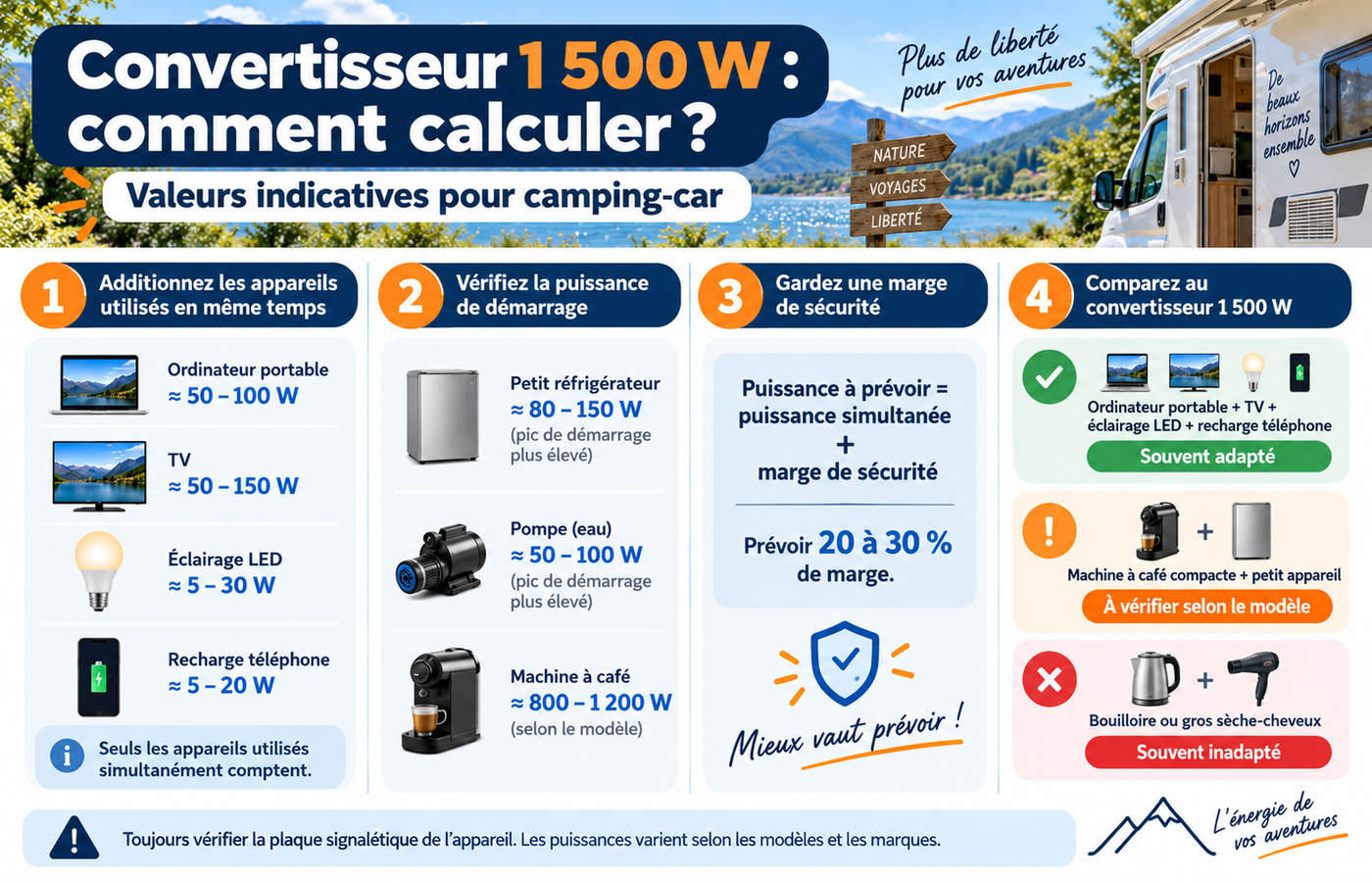 Exemple de calcul de puissance pour un convertisseur 1500 W de camping-car