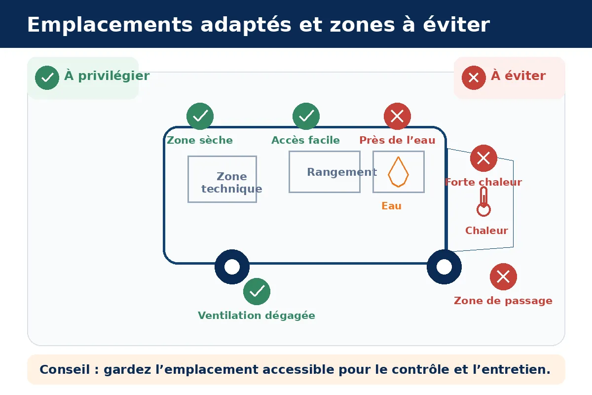Emplacements adapt&eacute;s et zones &agrave; &eacute;viter pour un convertisseur dans un camping-car