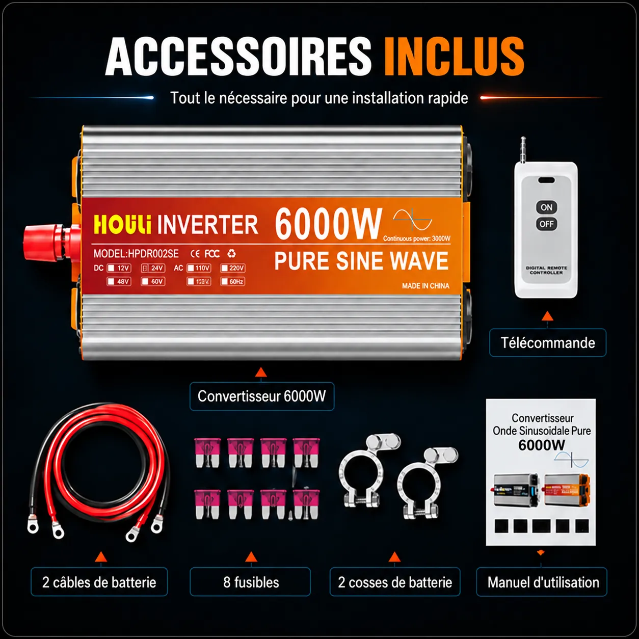 Accessoires du convertisseur pur sinus HOULI 24V : c&acirc;bles, fusible, manuel et t&eacute;l&eacute;commande