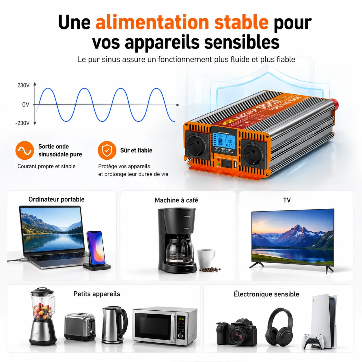 Onde sinuso&iuml;dale pure du convertisseur 24V 230V pour appareils &eacute;lectriques et &eacute;lectroniques sensibles