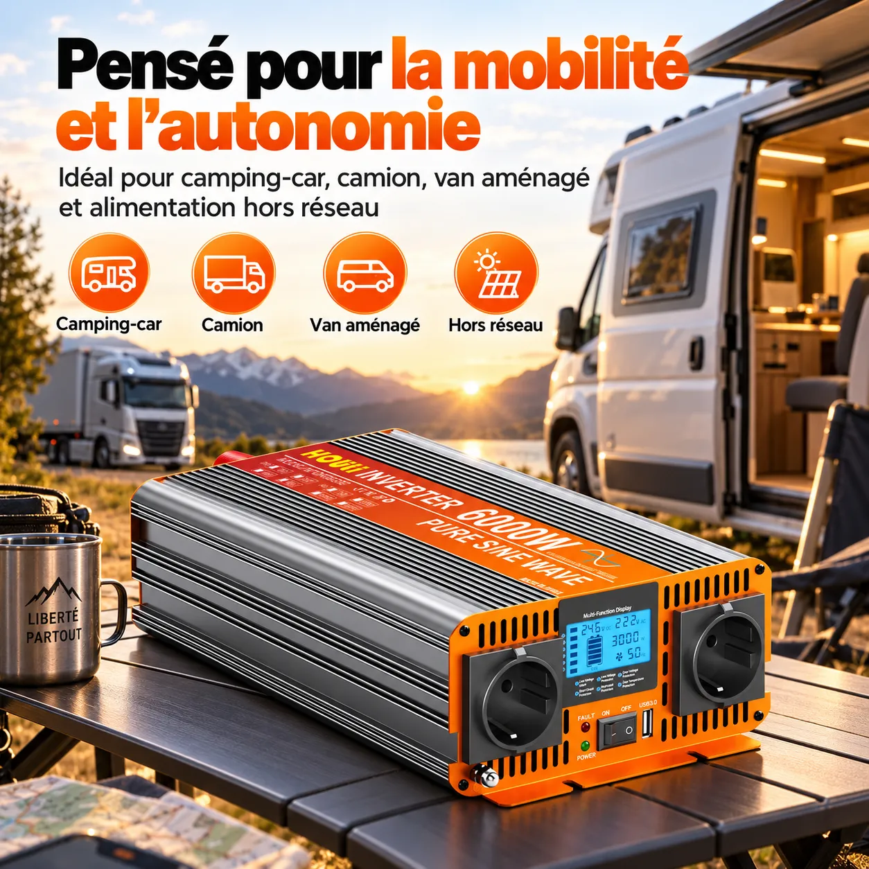 Convertisseur pur sinus 24V 230V pour camion, camping-car et installation &eacute;lectrique hors r&eacute;seau