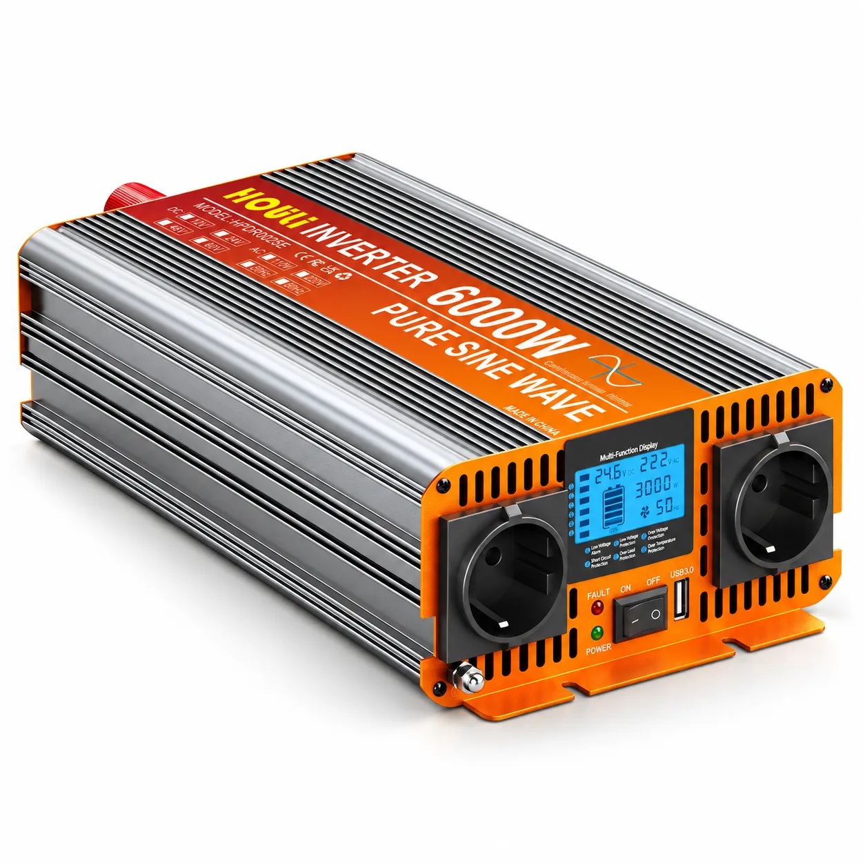 Convertisseur pur sinus HOULI 24V vers 230V avec 3000W continus et 6000W en cr&ecirc;te