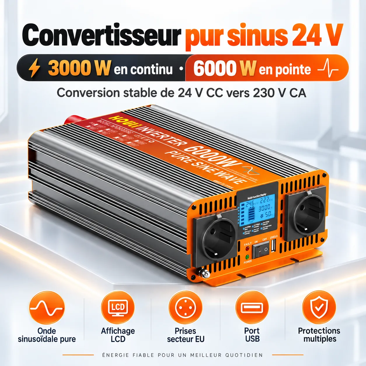 Convertisseur 24V 230V pur sinus avec puissance continue 3000W et puissance de cr&ecirc;te 6000W