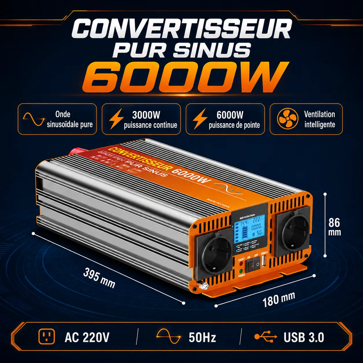 Dimensions du convertisseur pur sinus HOULI 24V 230V 3000W avec &eacute;cran LCD