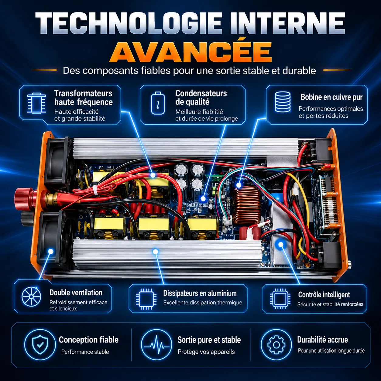 Double ventilation intelligente du convertisseur pur sinus 24V 3000W pour refroidissement efficace