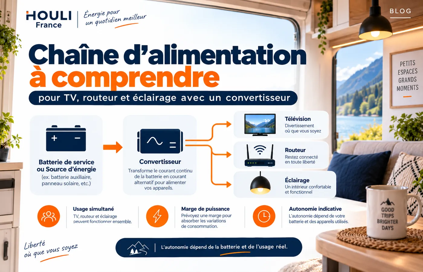 Cha&icirc;ne d&rsquo;alimentation batterie, convertisseur, t&eacute;l&eacute;vision, routeur et &eacute;clairage