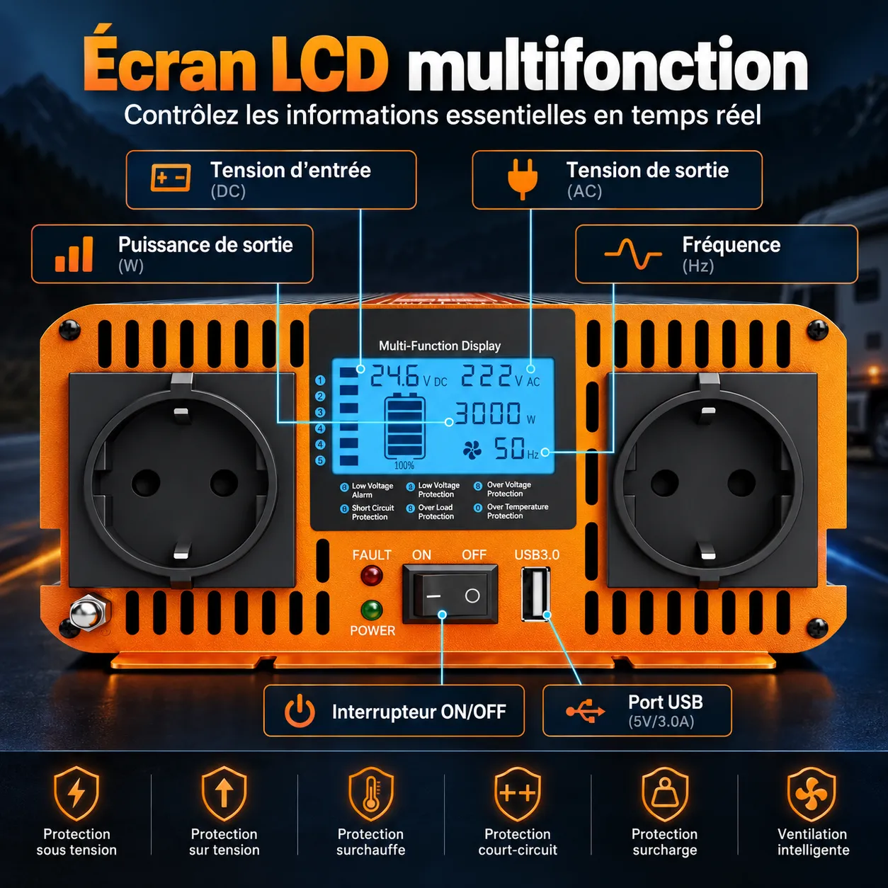 &Eacute;cran LCD multifonction et deux prises EU du convertisseur pur sinus HOULI 24V 230V