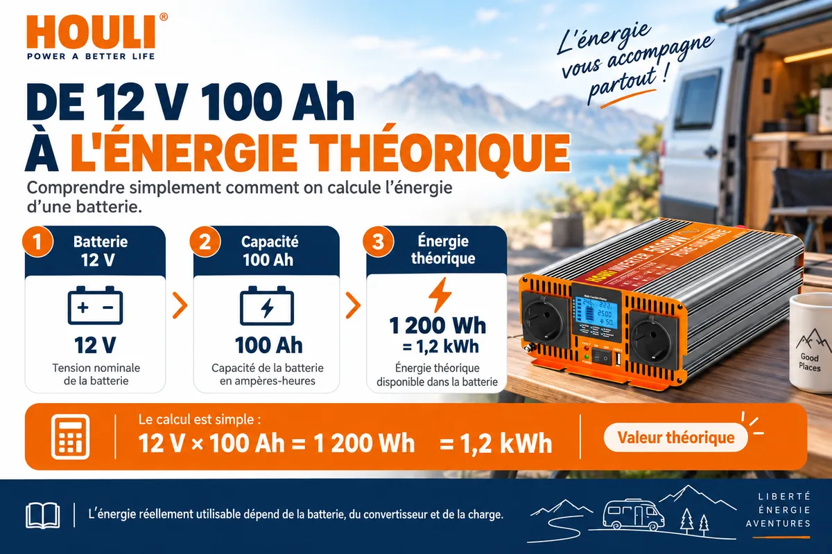 &Eacute;nergie nominale th&eacute;orique de 1 200 Wh pour une batterie 12 V 100 Ah
