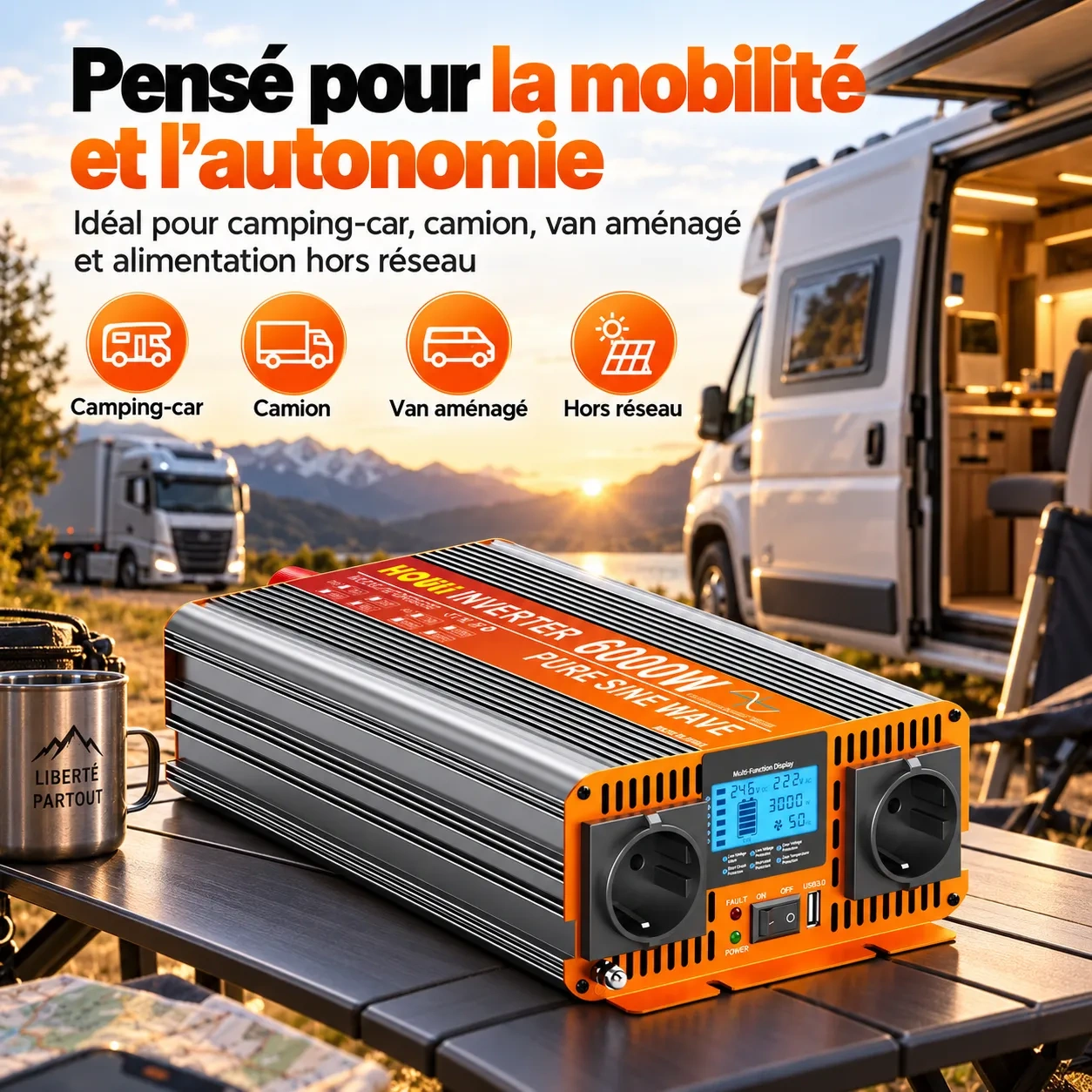 HOULI Convertisseur Pur Sinus 24V vers 230V – 3000W Continu / 6000W Crête, LCD, USB et Télécommande