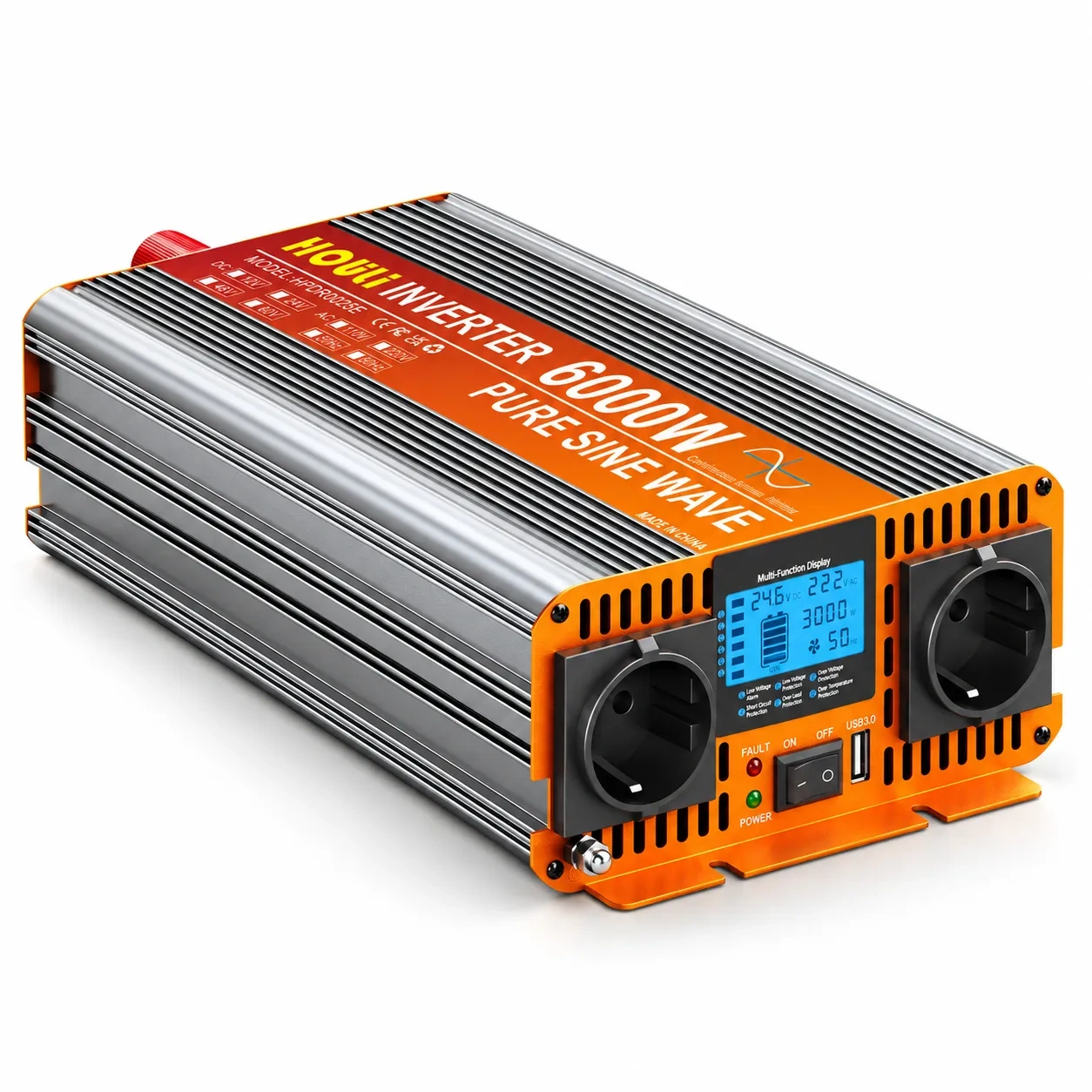 HOULI Convertisseur Pur Sinus 24V vers 230V – 3000W Continu / 6000W Crête, LCD, USB et Télécommande
