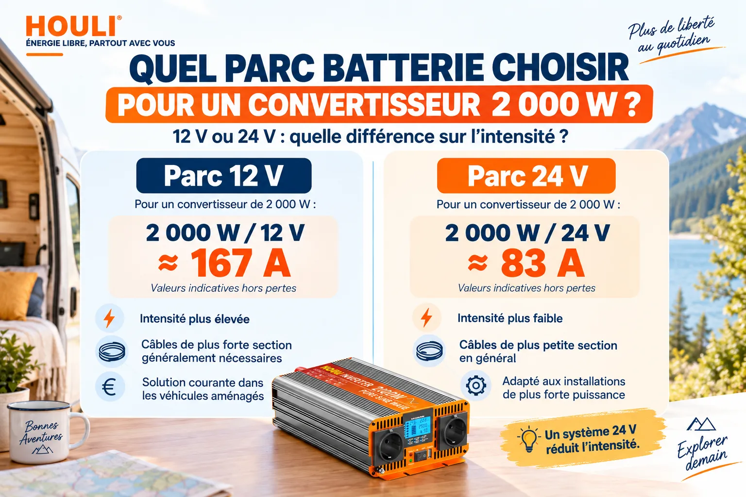 Comparaison du dimensionnement d&rsquo;un parc batterie 12 V et 24 V pour un convertisseur de 2 000 W