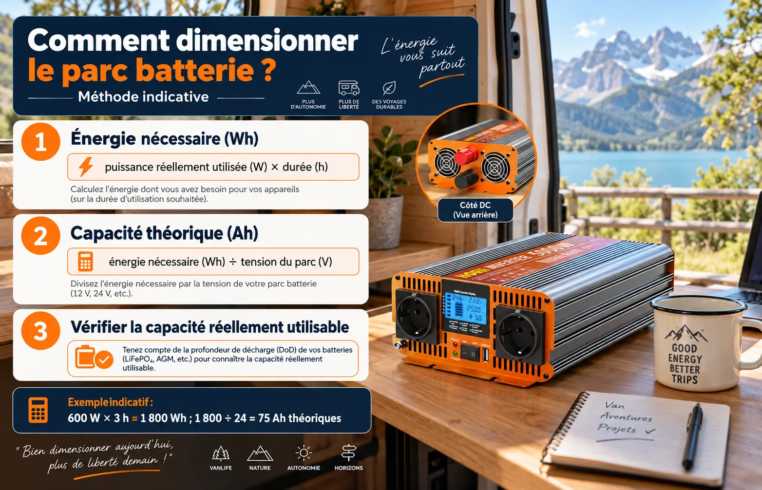Dimensionnement d&rsquo;un parc batterie selon la puissance et l&rsquo;autonomie avec un convertisseur 3 000 W