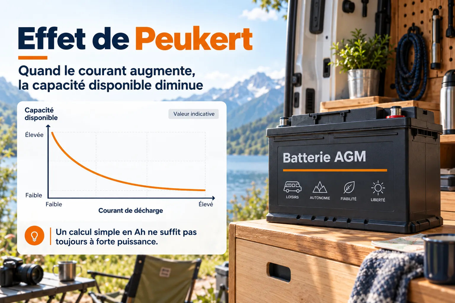 Effet Peukert montrant pourquoi l&rsquo;autonomie d&rsquo;une batterie AGM diminue lorsque le courant de d&eacute;charge augmente