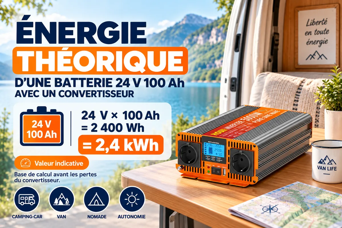 Calcul de l&rsquo;&eacute;nergie th&eacute;orique d&rsquo;une batterie 24 V 100 Ah, soit 2 400 Wh avant les pertes du syst&egrave;me